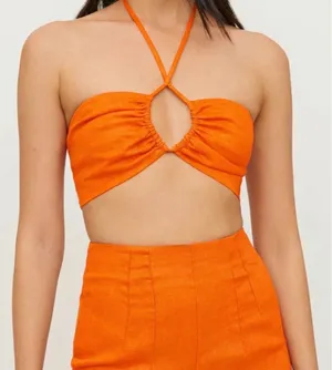 Reformation halter bralette cropped top Isabel citrus orange medium 100% linen thumbnail 1