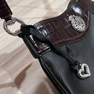 Brighton Black & Brown Leather Handbag Shoulder Bag Croc Trim Heart Charm Medium thumbnail 10