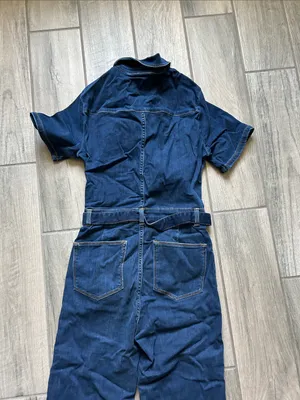 Frame Denim Dark Blue Short-Sleeve Denim Jumpsuit with Tie Waist thumbnail 5