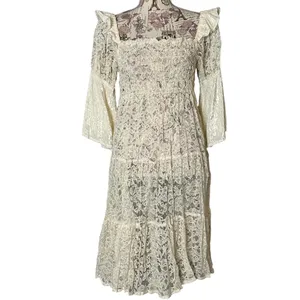 Vintage Cream Lace Velvet Victorian Cottagecore Dress Flare Sleeves Ruffle thumbnail 4