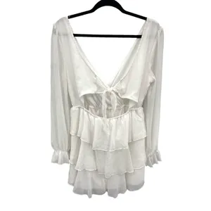 Tiered Ruffle White Mini‎ Dress Womens Large V Neck Romantic Feminine Tie Back thumbnail 4