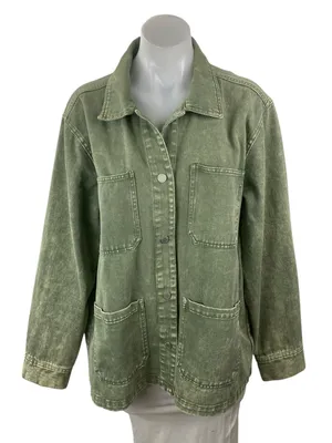 Blank NYC Garment Dye Acid Wash Twill Women's Green Shirt Utility Coat Jacket L thumbnail 1