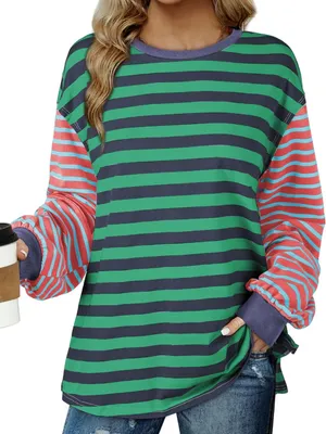 BLENCOT Women's Oversized T Shirts Fall Long Sleeve Striped Color Block. Size M thumbnail 1