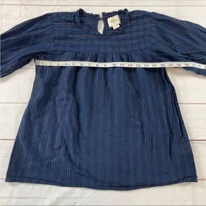 Anthropologie Maeve Navy Striped Long Sleeve Keyhole Back Pleated Blouse Size M thumbnail 6