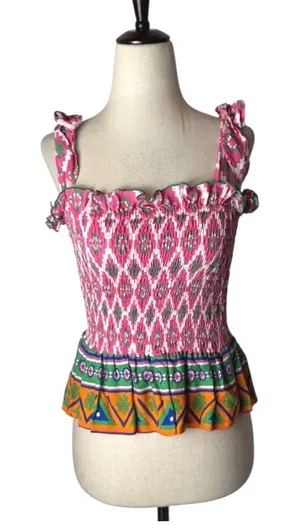 Feather & Find Shirt Women XS Pink Geometric‎ Shiva Boho Luxe Smocked Tie Strap thumbnail 1