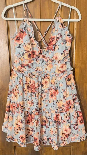 Altar'd State Floral Ruffle Tiered Sundress in Light Blue and Coral thumbnail 1