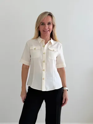 AMII Ivory Textured Short Sleeve Button Down Shirt Gold Buttons M thumbnail 4