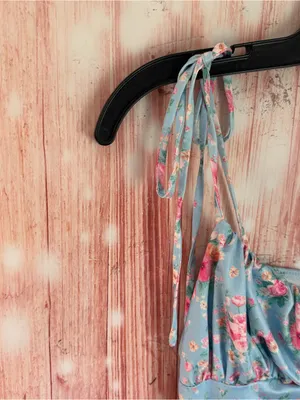 Shein PARTHEA Blue Floral Print Spaghetti Strap Mermaid Hem Ruched Maxi Dress L thumbnail 5
