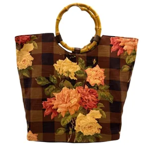 Cynthia Hart Los Angeles Floral Plaid Tote Bag Purse Bamboo Handles Gold Brown thumbnail 3