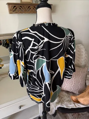 Ann Taylor black linen blend multicolor tropical puff sleeve blouse top M thumbnail 8
