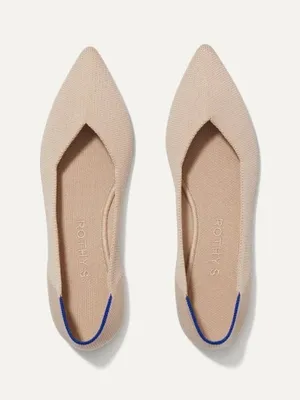 Rothy's Pointed Toe Knit Flats in Light Beige with Blue Trim thumbnail 1