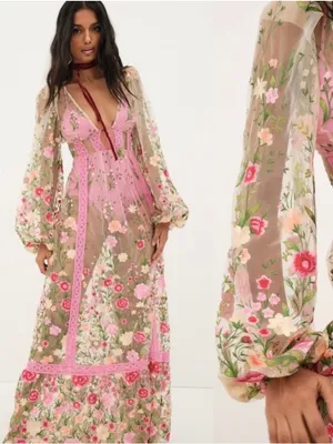 For Love & Lemons Luna Embroidered Floral Tulle Maxi Dress Ethereal Small New thumbnail 4