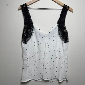 Lovestitch‎ Women Babydoll Tank Top Large White Black Polka Dot Lace Trim Whimsy thumbnail 6