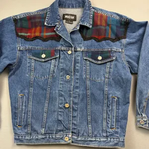 90s Vintage Jean Jacket Denim Trucker Jacket Western Plaid Wool Small thumbnail 2