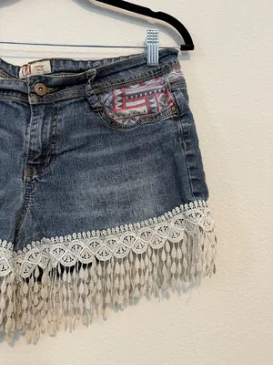LEI Y2K Boho Denim Shorts with Lace Fringe thumbnail 2