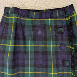 Vintage Navy Green Plaid Wrap Skirt Fringed Kilt Style Button Front‎ Knee Length thumbnail 3