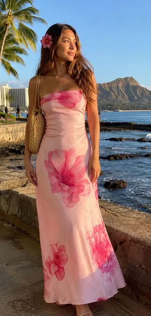 TRIXXI | Strapless Pink Floral Summer Vacation Maxi Dress | L thumbnail 1