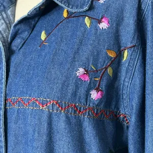 90’s Embroidered Denim Button Down Shirt with Holiday Berries, Leaves, sz Medium thumbnail 6