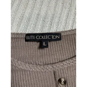 Elite Collection Brown Ribbed Knit Short Sleeve Round Neck Button Tie Hem Top L thumbnail 4