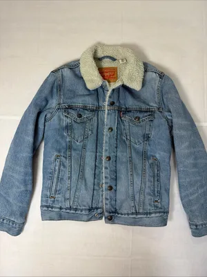 Levi's Sherpa Lined Blue denim Trucker Jacket Button Snap Closure S thumbnail 5