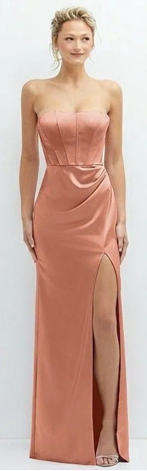 Dessy After Six Strapless Topstitched Corset Satin Maxi Dress Copper Penn Size 6 thumbnail 1