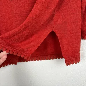 J Crew Linen Sweater With‎ Pom Pom Trim Red Sz XS thumbnail 4