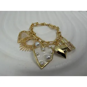 Gold Tone Heart Charm Bracelet Pearl Crystal Paperclip Chain Statement NEW thumbnail 3