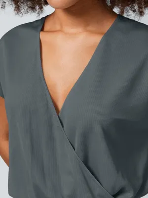 NWOT Halara Grey V Neck Short Sleeve Wide Leg Flowy Waffle Casual Jumpsuit thumbnail 3