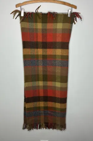 Avoca 100% wool blanket scarf fall colors plaid‎ fringe 25” x 59” thumbnail 1