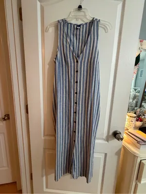 Old Navy Blue and White Vertical Stripe Button-Front Maxi Dress thumbnail 4