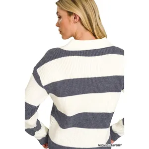 Zenana Striped Collared Sweater - Midnight/Ivory - Medium thumbnail 3