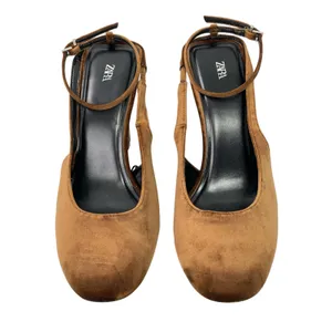 Zara Women's Chocolate Brown Faux Suede Slingback Round Toe Pump Heels Size 10 thumbnail 2