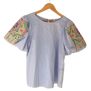 Jodifl‎ Womens Light Blue Embroidered Puff Sleeve Pintuck Blouse H21115 Size M thumbnail 3