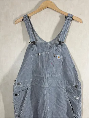 Carhartt Women’s Hickory Stripe Denim Bib Overall Shorts Cotton in Blue White XL thumbnail 2