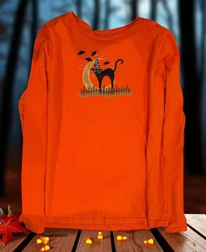 HALLOWEEN Orange long Sleeve Shirt With a Black Cat Wearing Witch’s Hat Size XL thumbnail 1