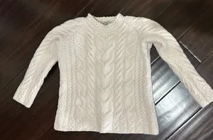Aran Sweater Market Women's 100% Merino Wool Cable Knit Sweater - Cream S -notes thumbnail 1