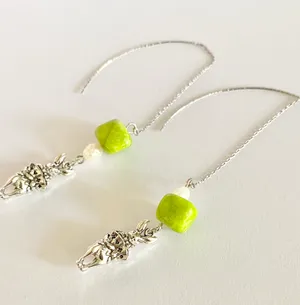 Handmade Irregular natural Jade stone beads&shell pearls American thread earrings💚 thumbnail 3