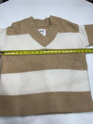 aerie Wide-Striped V-Neck Sweater in Cream and Tan thumbnail 4