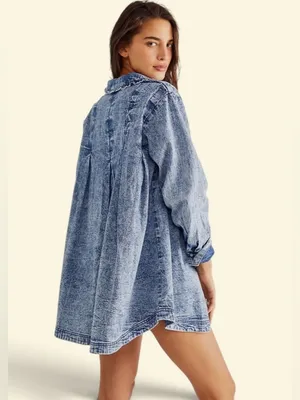 Free People Ruffle Collar Denim Swing Blouse - Lightest Indigo Blue SZ Amall thumbnail 2