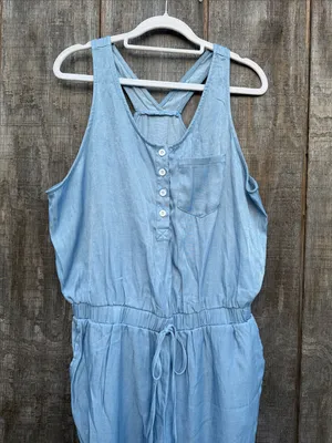 Cupshe Woman’s Lg Light Blue Sleeveless Elastic Waistband Chambray Jumpsuit thumbnail 8