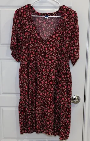 Old Navy Floral Babydoll Dress Large Red Pink Boho Cottagecore Mini thumbnail 1