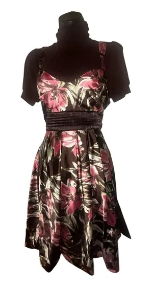 Studio Y brown Dress with Pink Floral Print bubble skirt, bottom Y2K vintage thumbnail 1