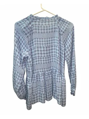 Roller Rabbit Top M Blue Gray Muted Houndstooth Print Tie Detail Long Sleeve thumbnail 2