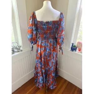 Cara Cara Jazzy Floral Smocked Maxi Dress Puff Sleeve Orange Blue Size Medium thumbnail 3