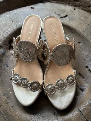 Jack Rogers Laurin gold leather cork wedge sandals women's 8.5 NEW summer vacay thumbnail 1