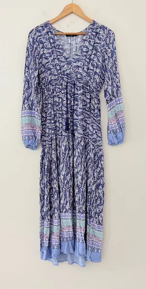 Few Moda Maxi Dress Small Blue Paisley Boho Tiered V-Neck Long Sleeve Drawstring thumbnail 1