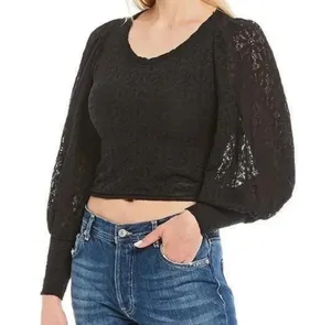 Free People Tea Time Top Black Lace Open Back Long Sleeves Sz S thumbnail 5