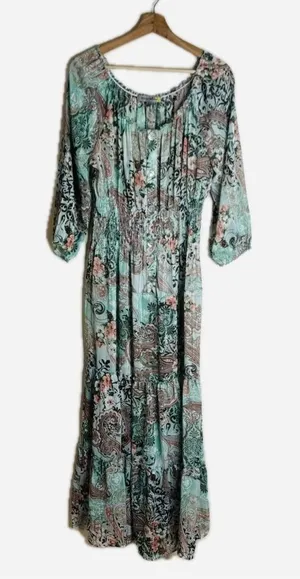 Figueroa & Flower Dress Womens Large Green Paisley Boho Maxi Peasant Button thumbnail 1