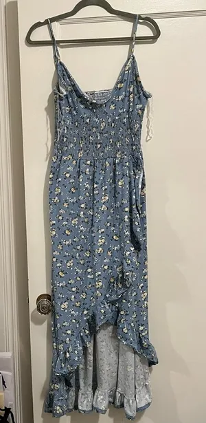 Blue & Cream Floral Print Ruffle Hem Tulip Maxi Dress Size Large NWT thumbnail 1