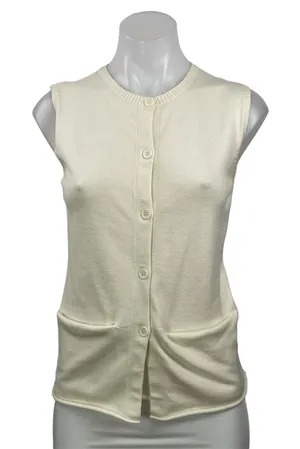 Lioness Women's Cream Sleeveless Knit Pocket Button Down Cardigan Sweater Top M thumbnail 1